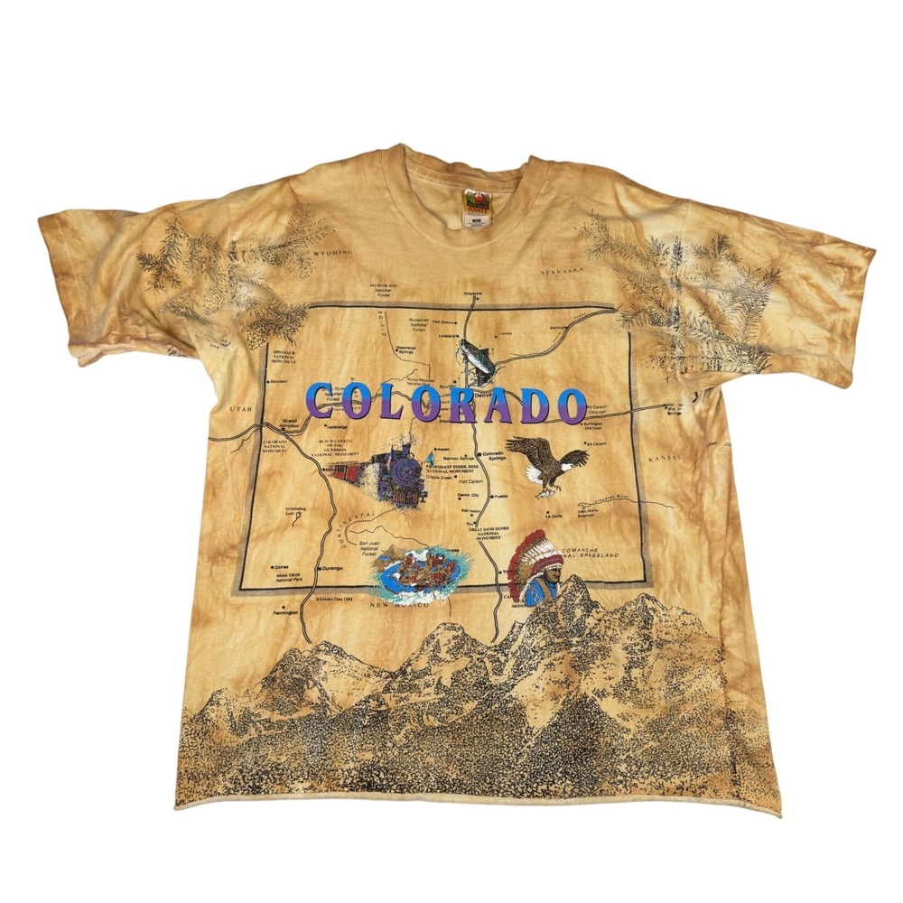 Vintage 90's Fruit of the Loom Colorado Map All Over‎ Print T Shirt Mens XL Tan
